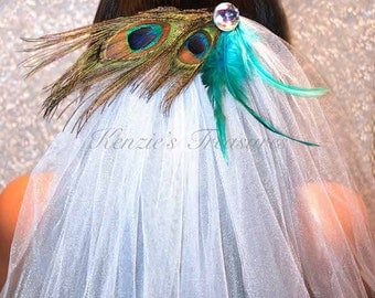 Peacock Feather Bachelorette Party Veil - Comb or Barrette