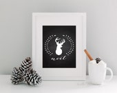 Merry Christmas Chalkboard Noel Reindeer Deer Elk Calligraphy Sign Typography Wall Art Quote Instant Download Digital PDF Black White