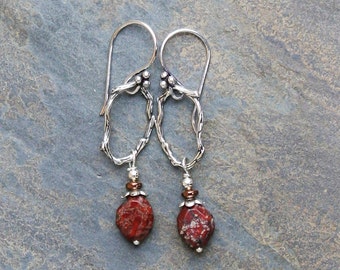 Natural Stone Earrings, Rustic Hoop Earrings, Rust Brown Stone Earrings, Natural Stone Earrings, Red Earrings, Handmade Earrings, Red Stone