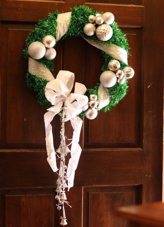 Green, Silver, and White Christmas Garland Wreath with bells, ribbons, and shatterproof ornaments