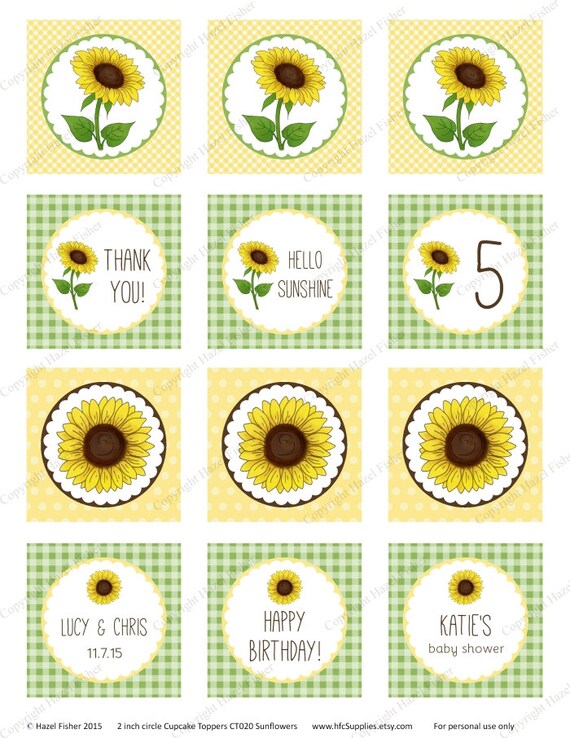 Sunflower cupcake toppers Customised printable 2 inch party circles
