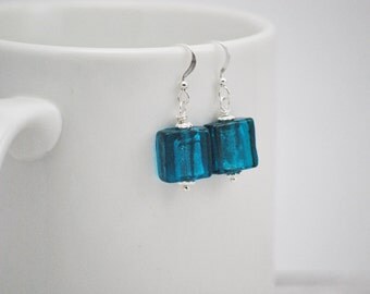 Teal Earrings, Teal Drop Earrings, Glass Tile Earrings, Teal Blue Drop Earrings, Blue Lagoon, Blue Green Earrings, Lampwork Earrings