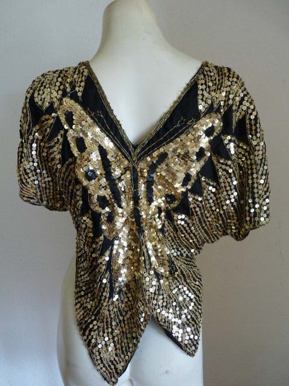 70's Vintage Sequin BUTTERFLY Top gold disco butterfly