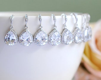 Bridesmaid Earrings Set of 5, 6, 7, 8, 9, 10, 11, 12 Silver Bridal Earrings, LARGE Teardrop White Crystal Cubic Zirconia Wedding Earrings