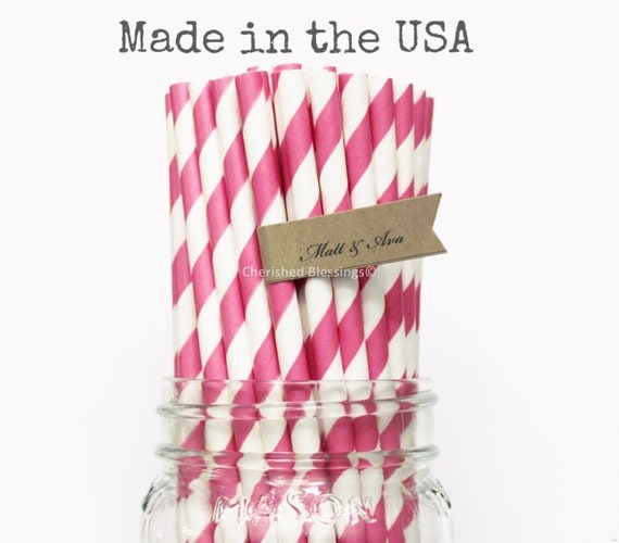 50 Paper Straws Hot Pink Striped Paper Straws Princess Party Supplies Wedding Baby Shower, Rustic, Vintage, paper goods, Table Setting, Cake Il_570xn