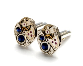 Steampunk Cufflinks SAPPHIRE BLUE Gold Silver SOLDERED Steampunk Vintage Watch Cufflinks Steampunk Wedding Jewelry by Victorian Curiosities