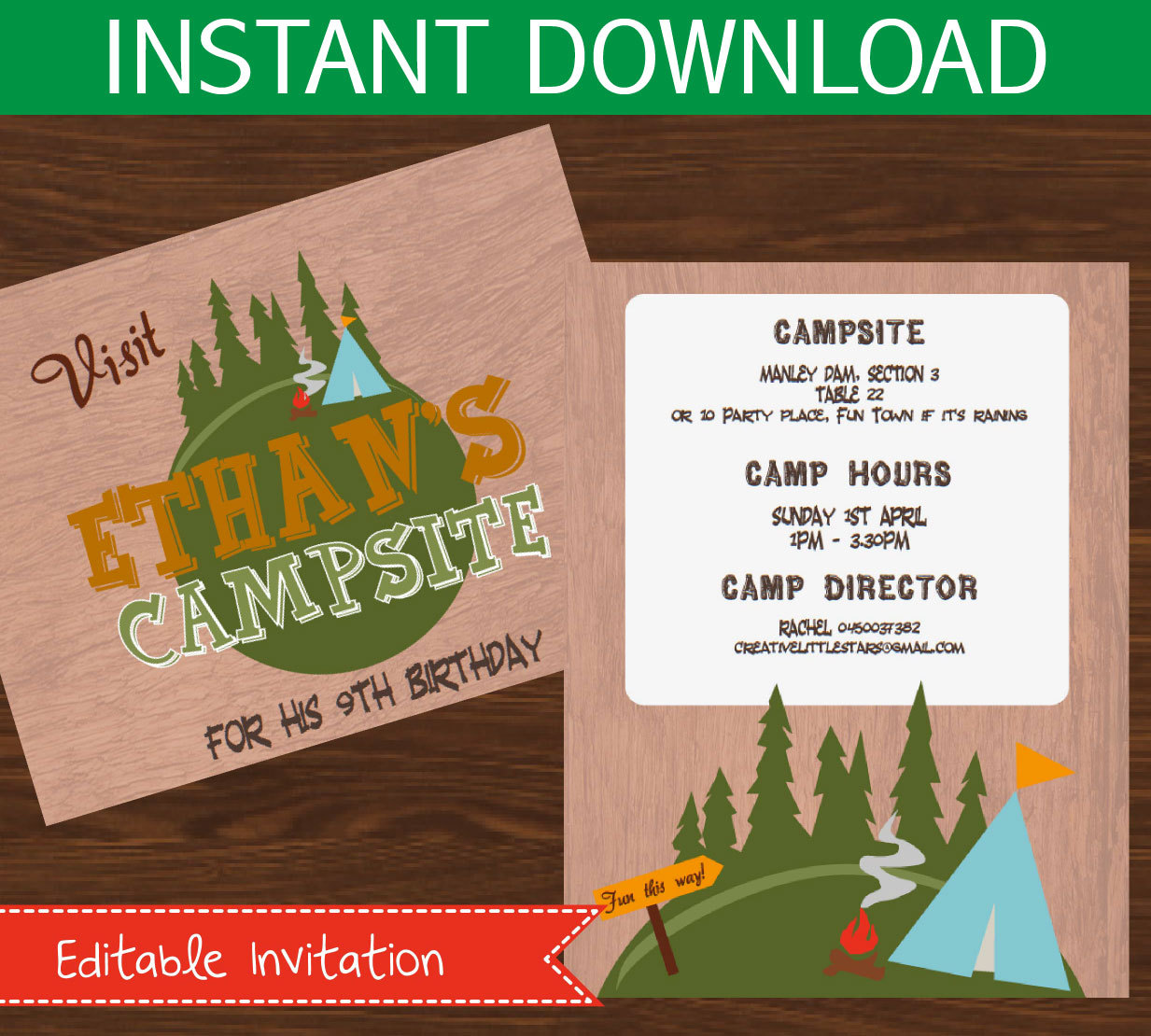 Camping invitation editable DIY Printable Kit INSTANT