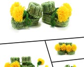 Knitted Baby Booties, Green and Yellow Dandelions, 0 - 3 months