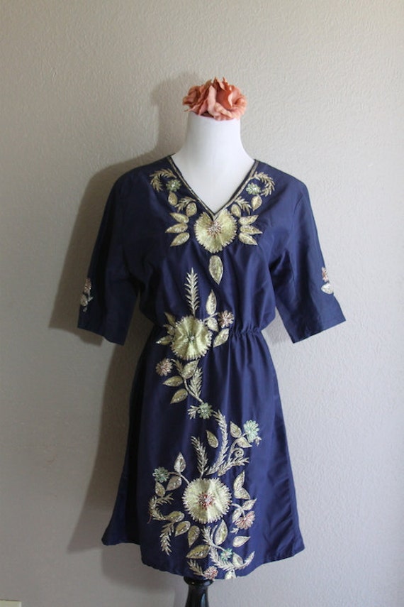 navy dress with floral sequin embroidery handmade casual and
