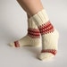 Hand Knitted Patterned Woolen Socks - 100% Natural Wool - Unbleached White, Dark Terracotta