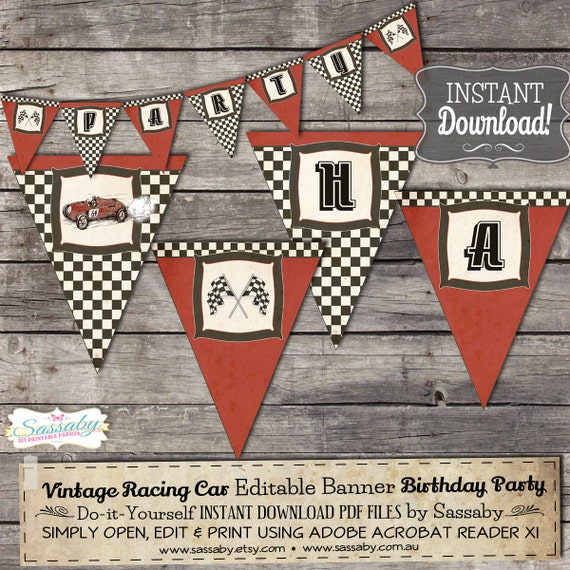 Vintage Racing Car Party Banner - INSTANT DOWNLOAD - Editable & Printable Birthday Decorations, Decor, Bunting by Sassaby Parties Il_570xn