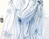 Handpainted Silk Scarf, Dark Blue Gray White Spring Scarf, Silk Chiffon, Silk Scarves Takuyo, Gray Blue Meadow Flowers Scarf, 10x59 inches.