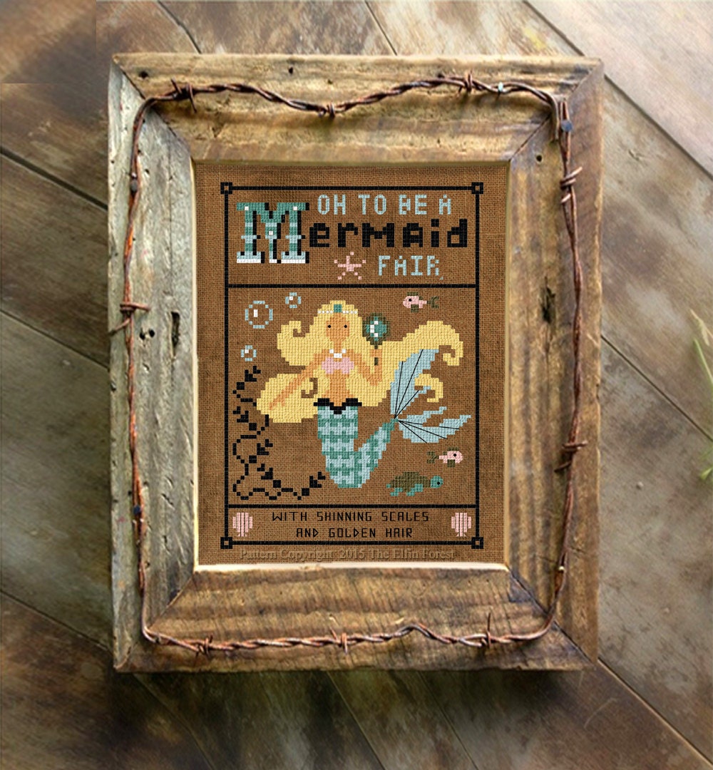 Mermaid Poem Cross Stitch Pattern Primitive Instant Download