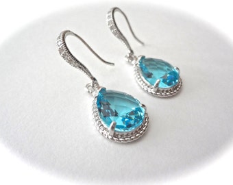 Aquamarine Earrings ~ Teardrops ~ Czech glass ~ Sterling Silver ear wires ~ Something blue ~ Bridesmaids ~ March birthstone ~ Gift ~