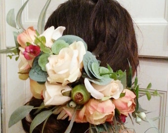 Gumnut - Silk flower crown, hair circlet. Flower and foliage hair accessory.