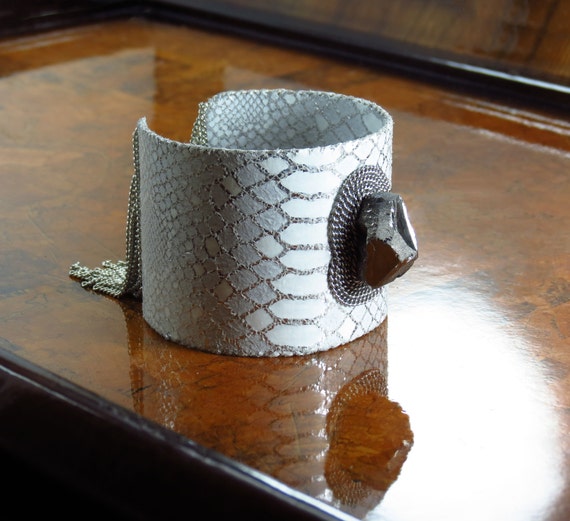 Items similar to White Leather Cuff/ Statement Bracelet/ White Bracelet
