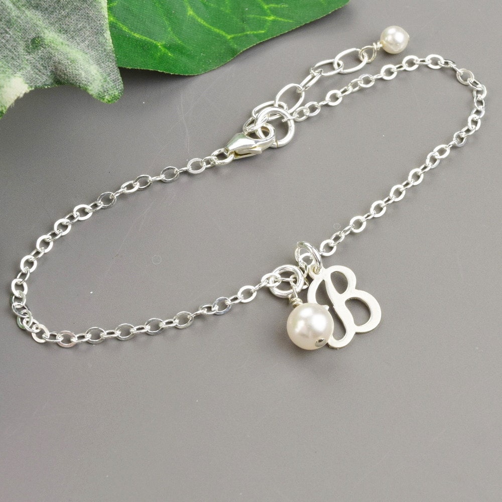 Pearl Initial Charm Bracelet Sterling Silver Personalized