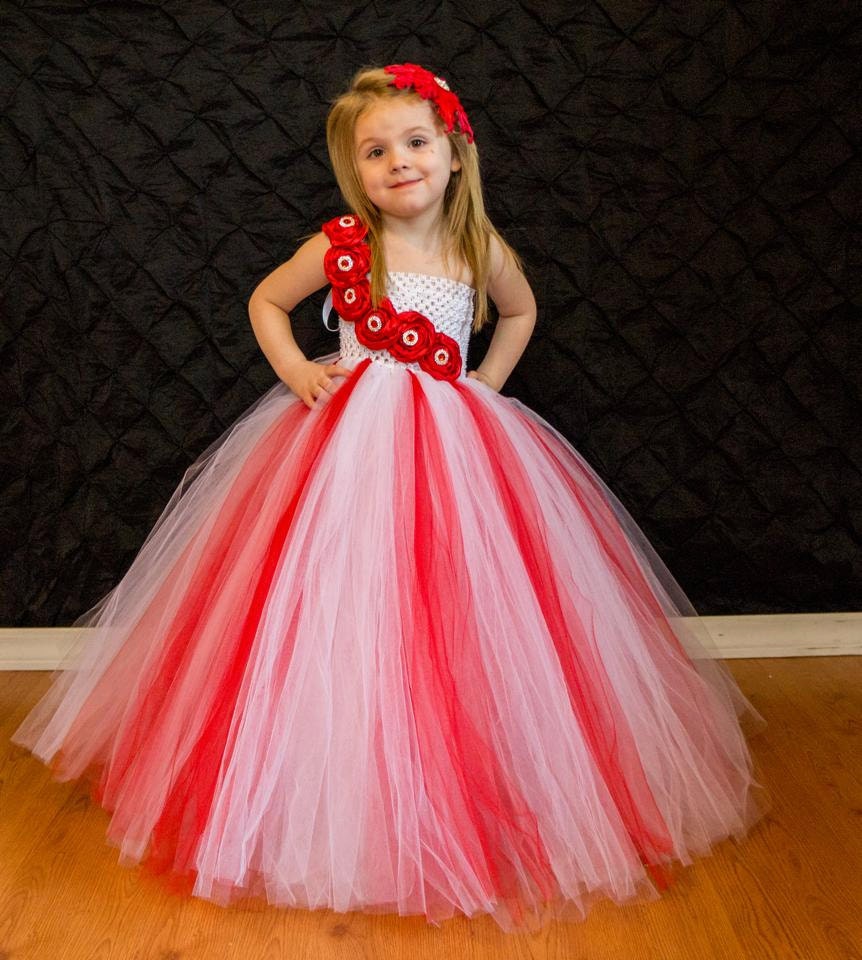 Red and White Rhinestone Couture Flower Girl Tutu Dress