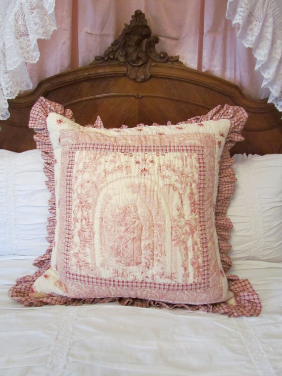 Red Toile Quilted Ruffled Euro Pillow Sham