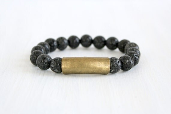 Pulsera Masculina Elastica Cuentas Lava Negra Tubo Laton Bisuteria Hombre Moderna