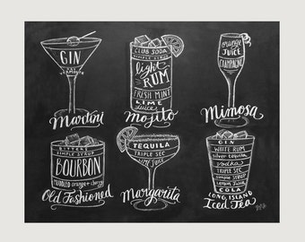 Bartender Gift - Cocktails Print - Bar Cart Art- Chalkboard Art - Kitchen Art - Bartender Gift - Chalk Art