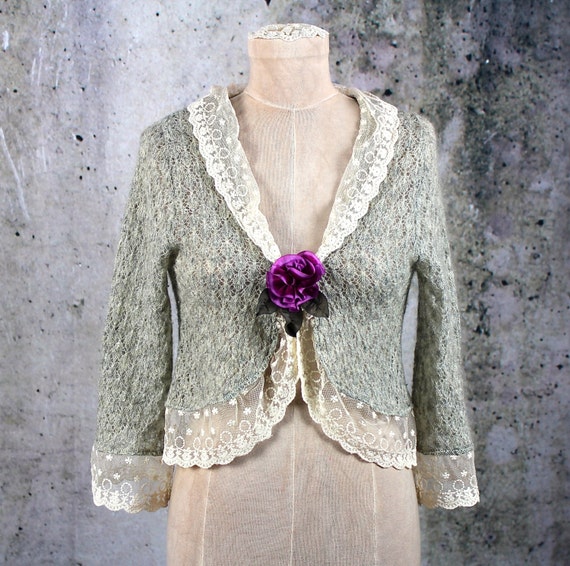 Shabby Chic Upcycled Embellished Lace Knit Sweater by LaineeLee