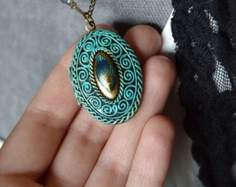 The mermaid locket necklace - turquoise locket necklace - beaded locket necklace - Mermaid jewelry patina oval locket necklace vintage