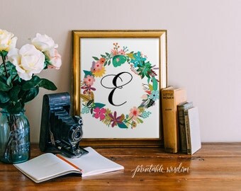 Monogram Art Nursery Letter Print Girl, Wall Decor, floral printable flower calligraphy monogram, Initial, custom digital Printable Wisdom
