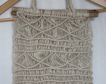 Crochet bag 70s Macrame on carved wooden Dowels OPEN weave artsy Boho hippie vintage Handmade bag One of a kind Unlined bag Festival bag