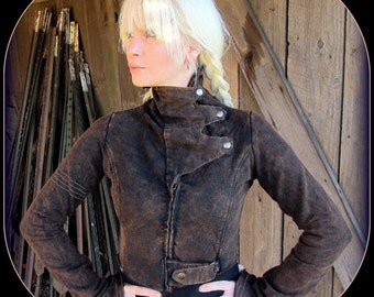 Steampunk Coat ~ Brown Black Burning Man Cropped Jacket w/ Brass ~ Women's Victorian Post Apocalyptic Festival Airship Pirate Garb Stonewash