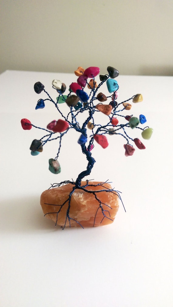 Gemstone TREE WIRE SCULPTURE Colored Howlite on Orange Calcite Rock - Tree Home Decor, Reiki Energy Healing, Yoga Gifts