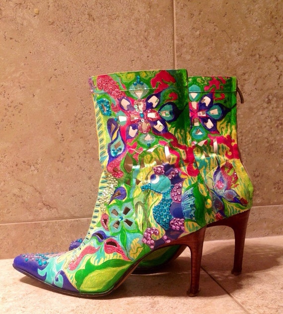 Items similar to hand painted shoes, custom painted boots, high heel ...