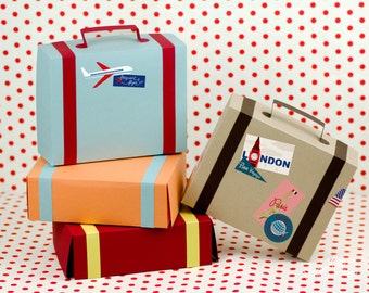 Suitcase Favor Box Kit - Set of 4, Favor Box, Airplane Party, Party Favor, Vintage Luggage, Destination Wedding, Train Party, Paper Suitcase