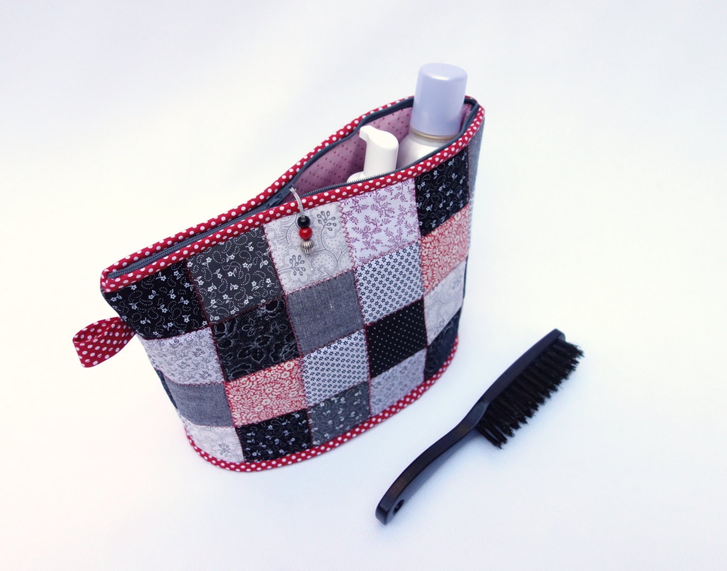 Patchwork toiletry bag / Large cosmetic zipper pouch / Travel