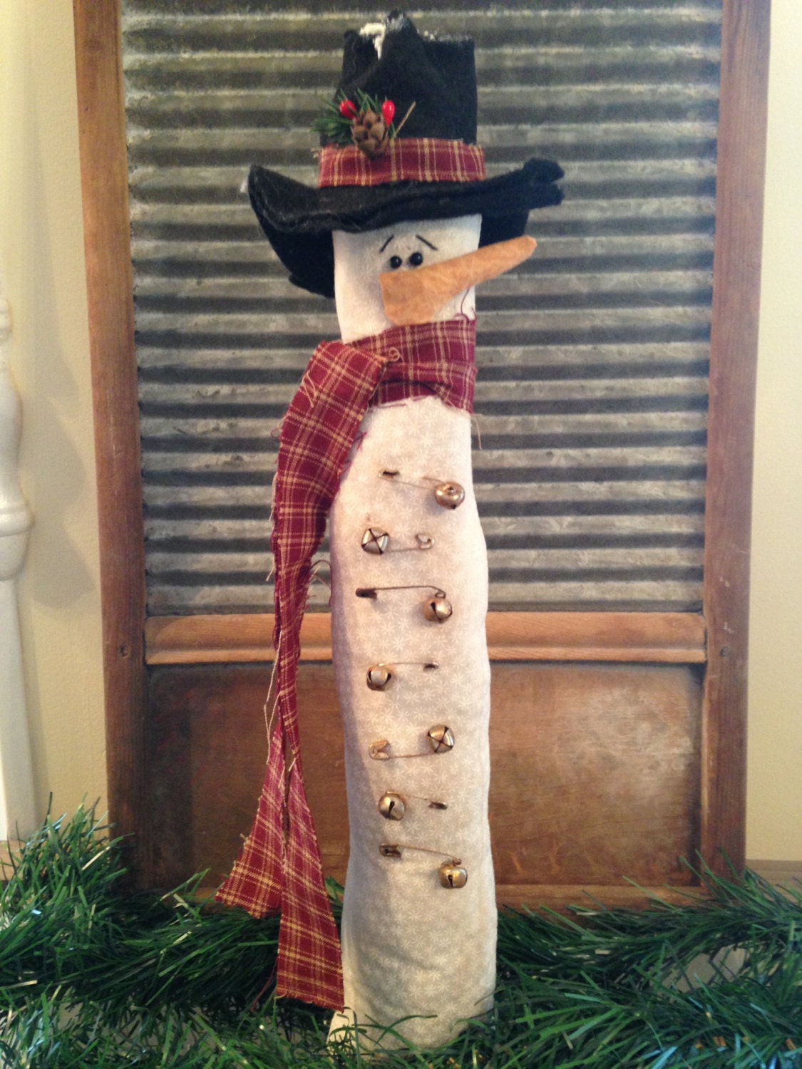 Primitive Tall Thin Winter Snowman with Rusty Bells and Safety Pins