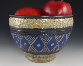 Blue ceramic mixing bowl, ceramic serving bowl, ceramic fruit bowl, ceramic batter bowl, sgraffito pottery