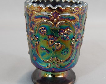 Elegant Vintage Carnival Glass Footed Toothpick Holder Vessel with Scalloped Edge - Wild Strawberry Pattern