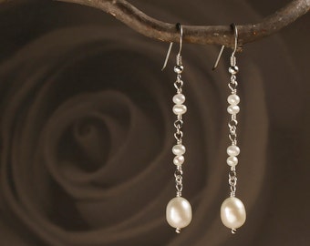Pearl Earrings in Sterling Silver - Dangle & Drop Pearl Earrings with Natural Freshwater Pearls - 00137S - by allotria - MADE TO ORDER