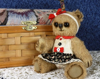 April. Artist mohair teddy bear in a dress. Dressed Teddy Bear