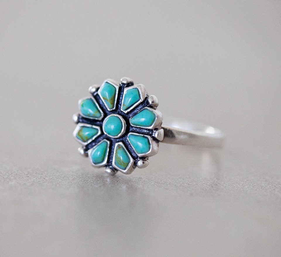 Turquoise Flower Ring Sterling Silver