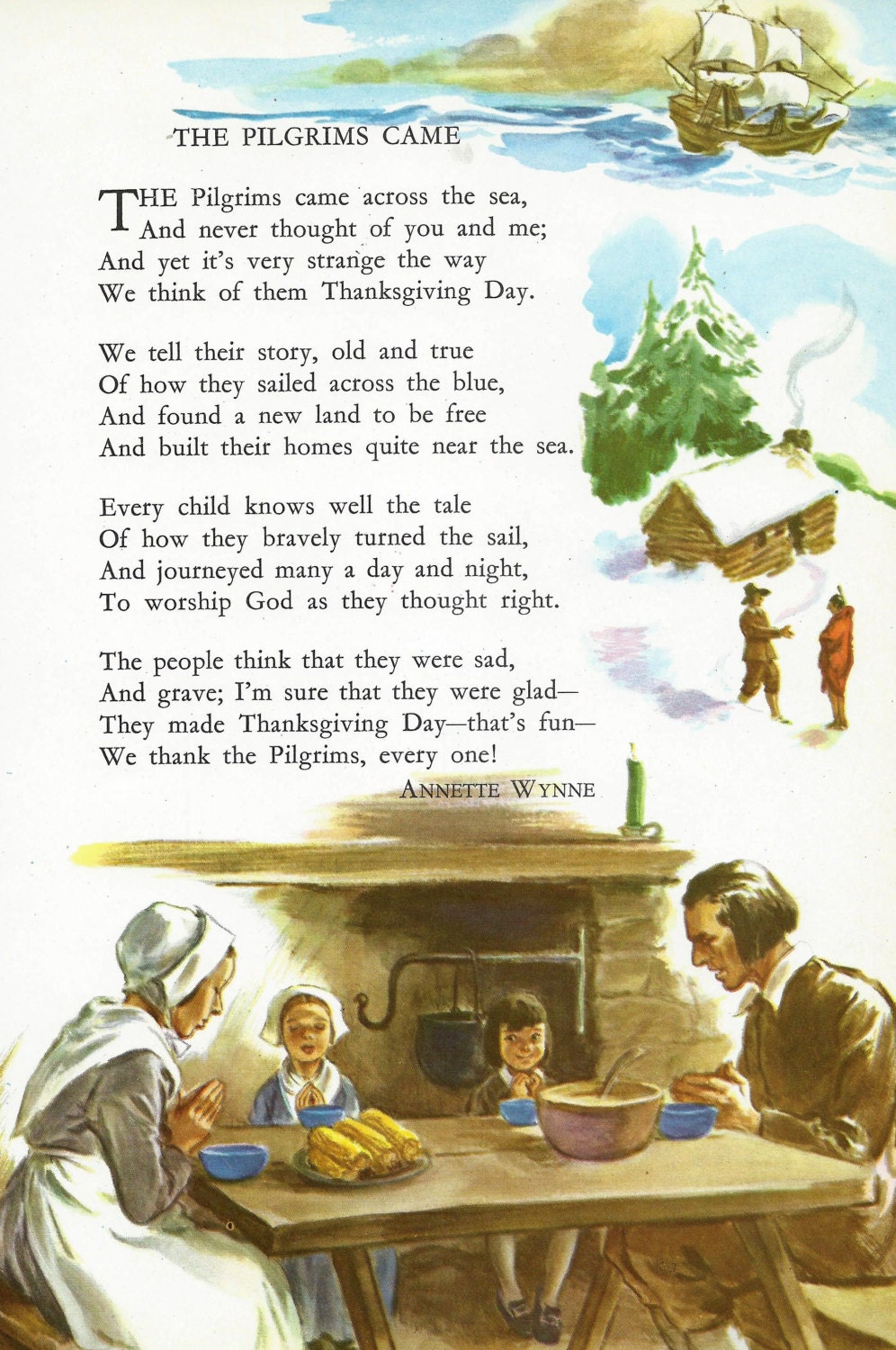 Vintage Thanksgiving Children's Poem 1960's The Pilgrims Came Kids