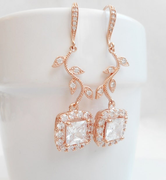 Rose Gold Cubic Zirconia Bridal Earrings Rose by JessicasBridal