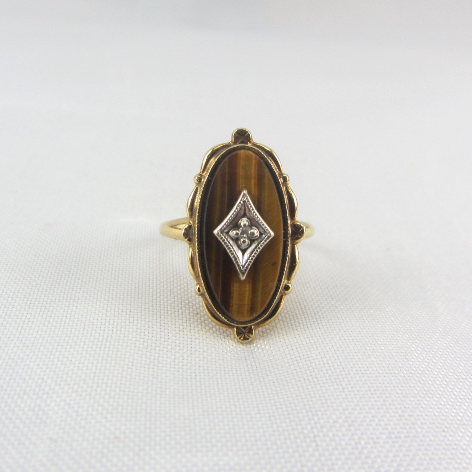 Vintage 10K Tigers Eye Diamond Ring PSCO Size 4 Art Deco