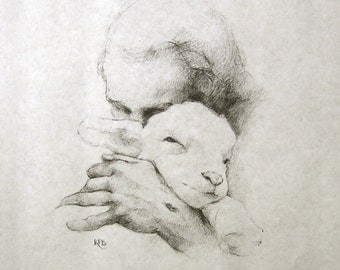 Jesus and the Lamb - 14"x11" Pencil Sketch Unframed Paper Print - Katherine Brown, 1982.
