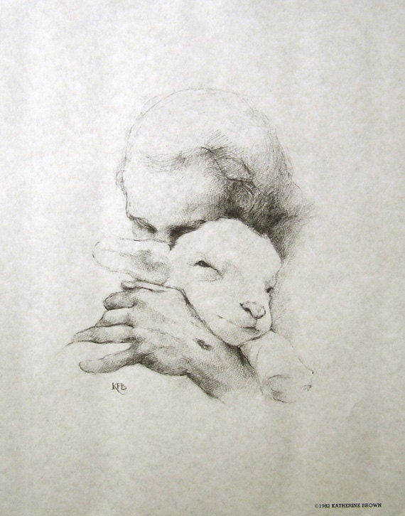 Jesus and the Lamb 14x11 Pencil Sketch Unframed