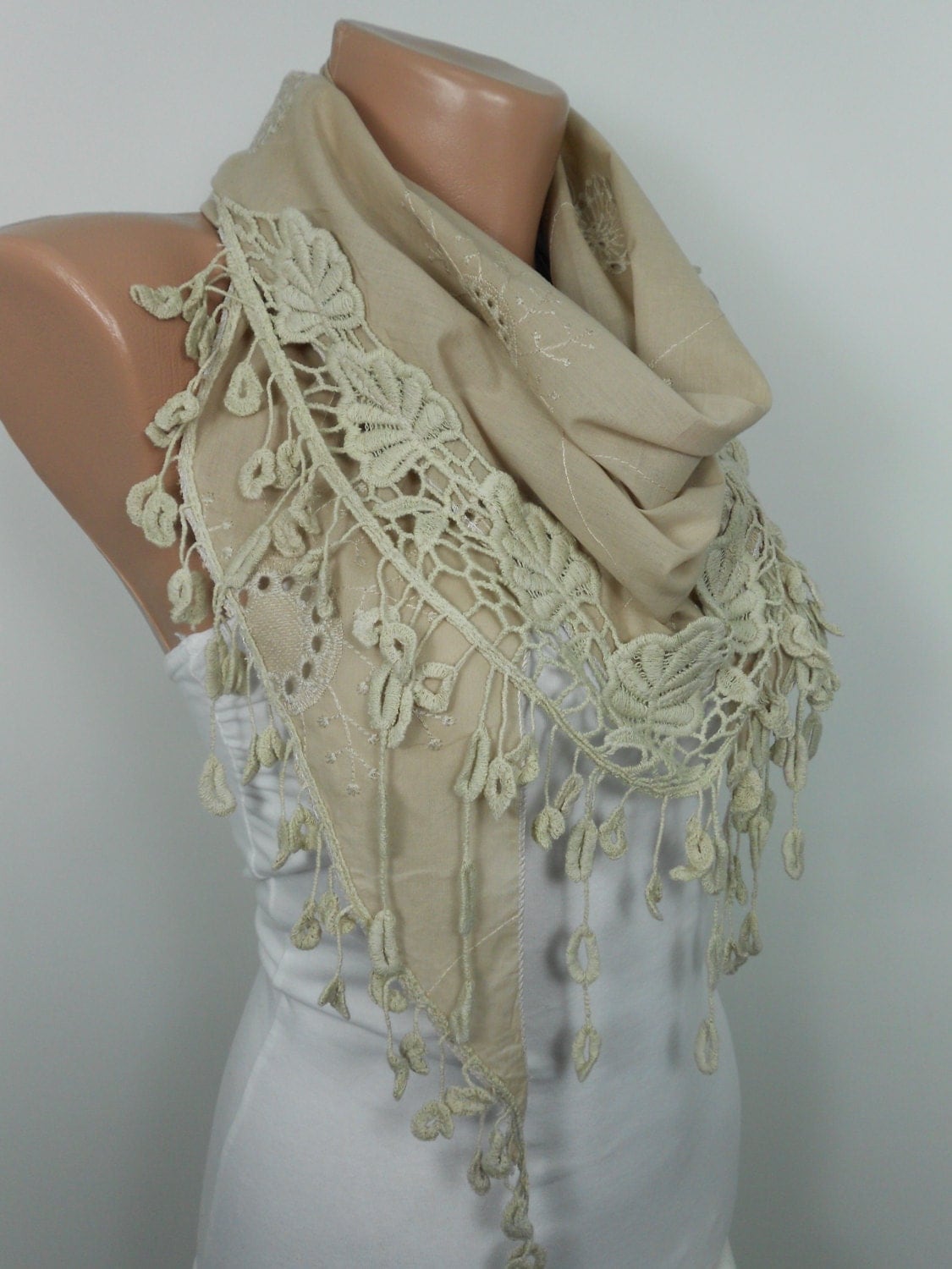 SPRING Summer Beige Scarf Cotton Scarf Cowl Scarf with Lace