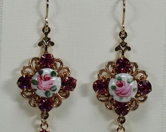 earrings  chandelier guilloche pink jewelry  vintage vintage s  blue earrings flower 50 earrings