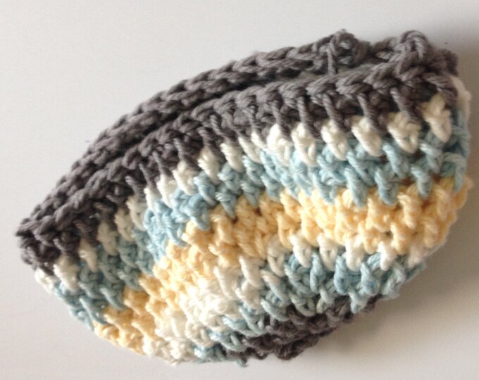 blue, yellow white & grey crochet cap size 3 months