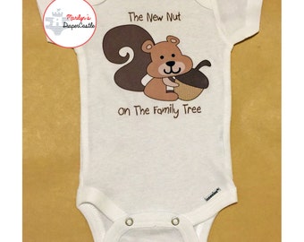 The New Nut on the Family Tree, Squirrel holding acorn, Boy Squirrel, Family Tree, Baby Shower Gift, Baby Onesie
