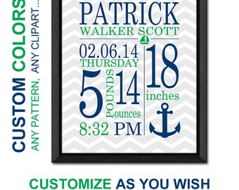 Nautical anchor birth stats nursery art print for baby boy main image 1